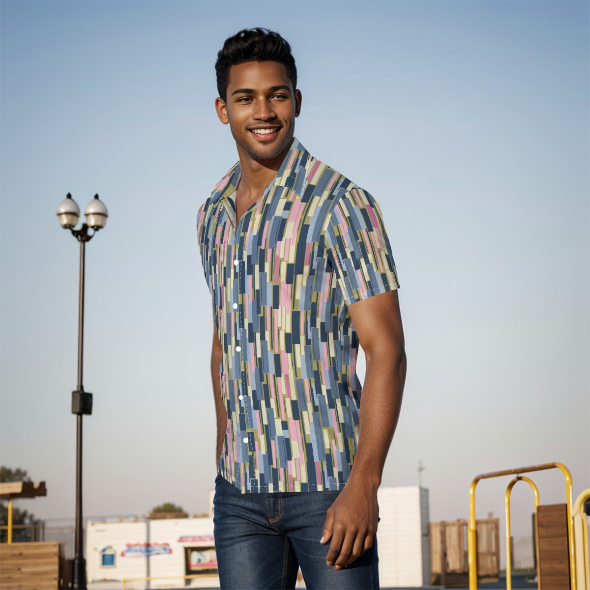 Men's Button Down Short Sleeve Shirt / Modern Pastel Design
