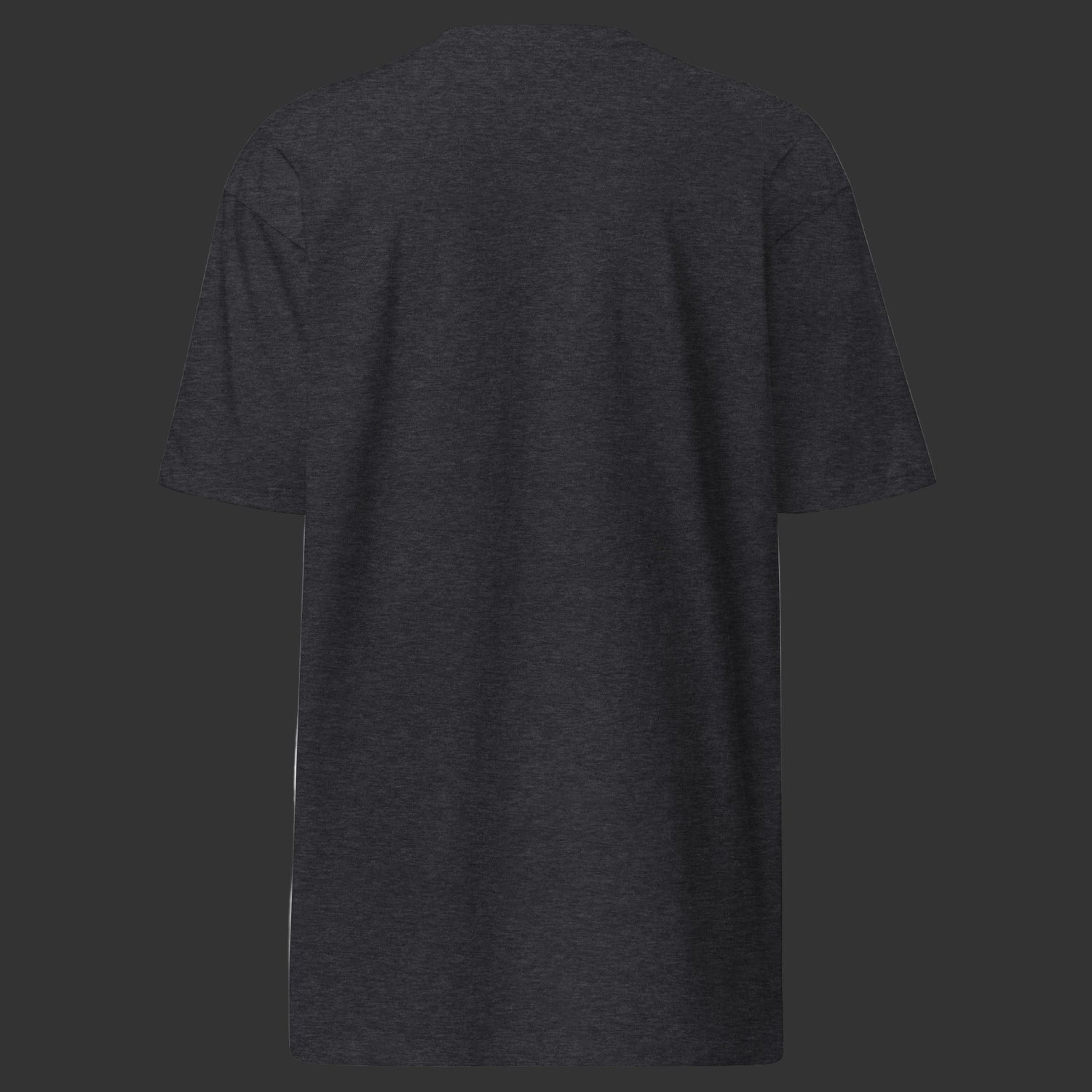 Back of charcoal T-Shirt on a black background