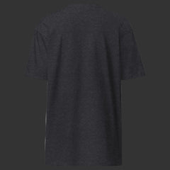 Back of charcoal T-Shirt on a black background