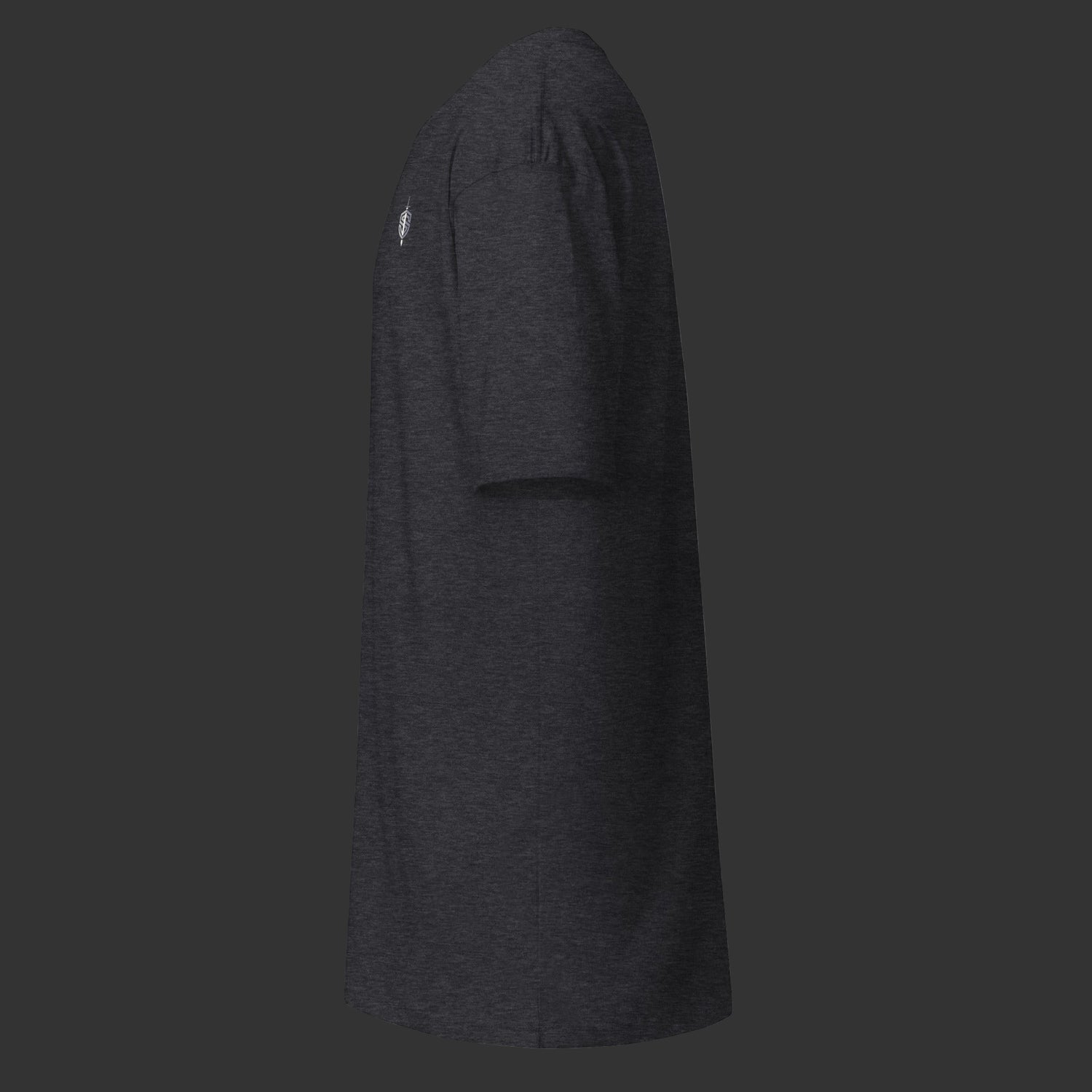 Left side of charcoal T-Shirt on a black background