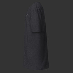 Left side of charcoal T-Shirt on a black background