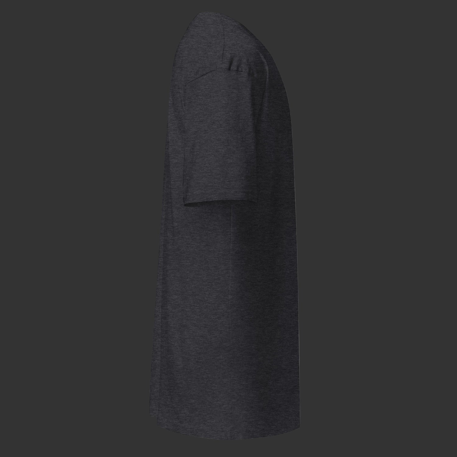 Right side of charcoal T-Shirt on a black background