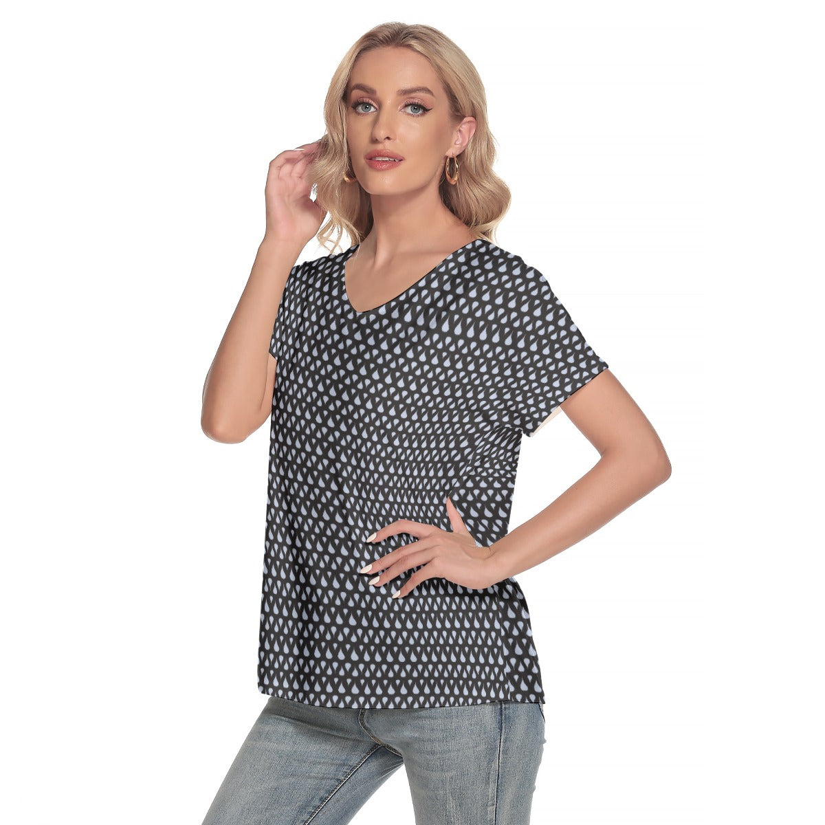 Women's V-Neck Short Sleeve T-shirt / Raindrop on Black Design