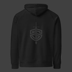 Back of a black premium hoodie on a black background