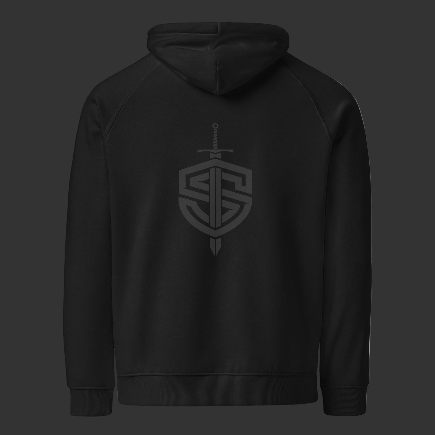 Back of a black hoodie on a black background