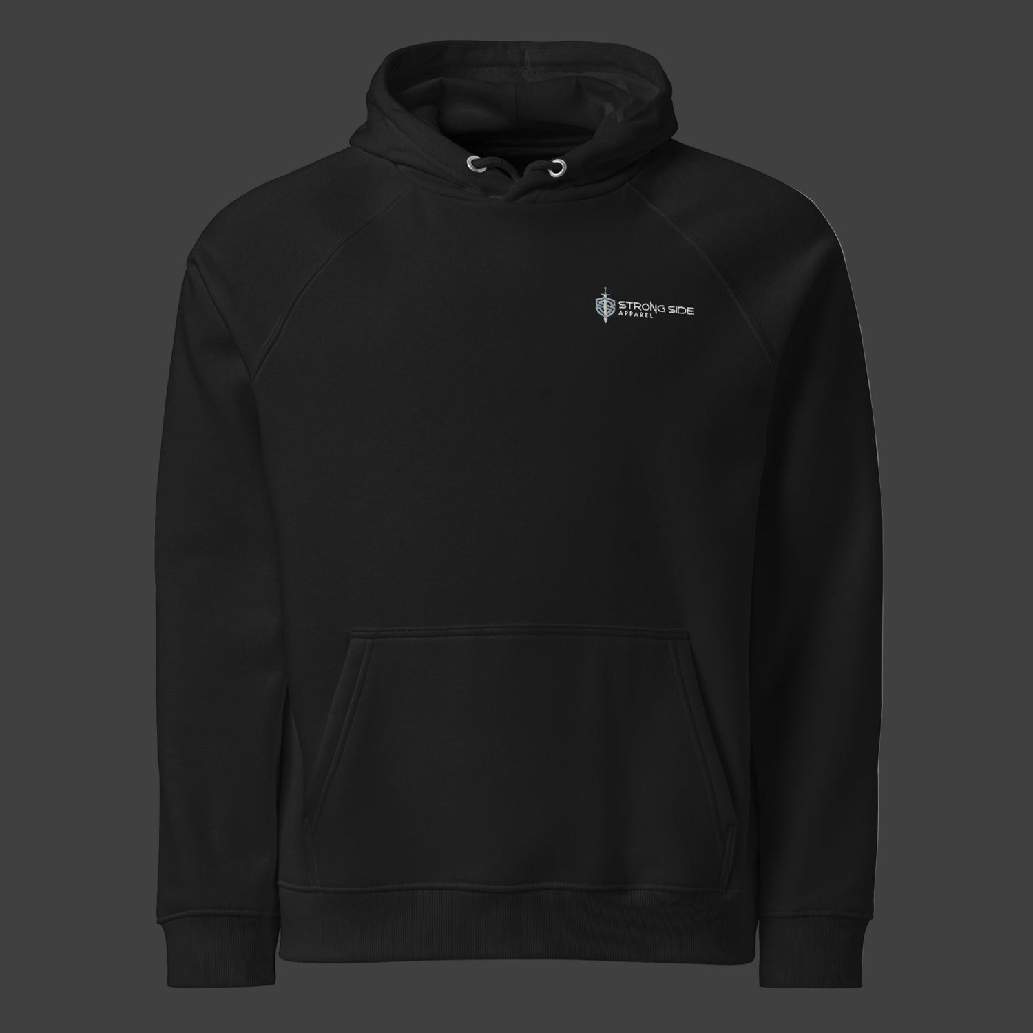 Front of a black premium hoodie on a black background