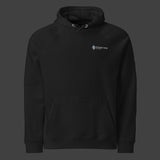 Front of a black premium hoodie on a black background