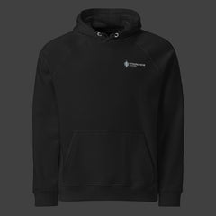 Front of a black premium hoodie on a black background