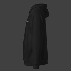 Left side of a black premium hoodie on a black background