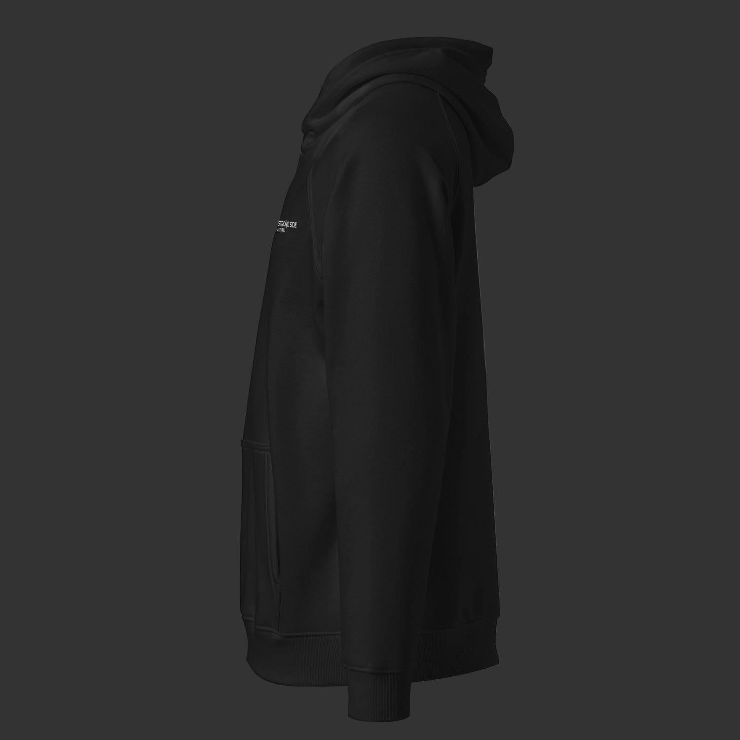 Left side of a black hoodie on a black background