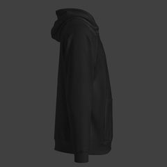 Right side of a black premium hoodie on a black background