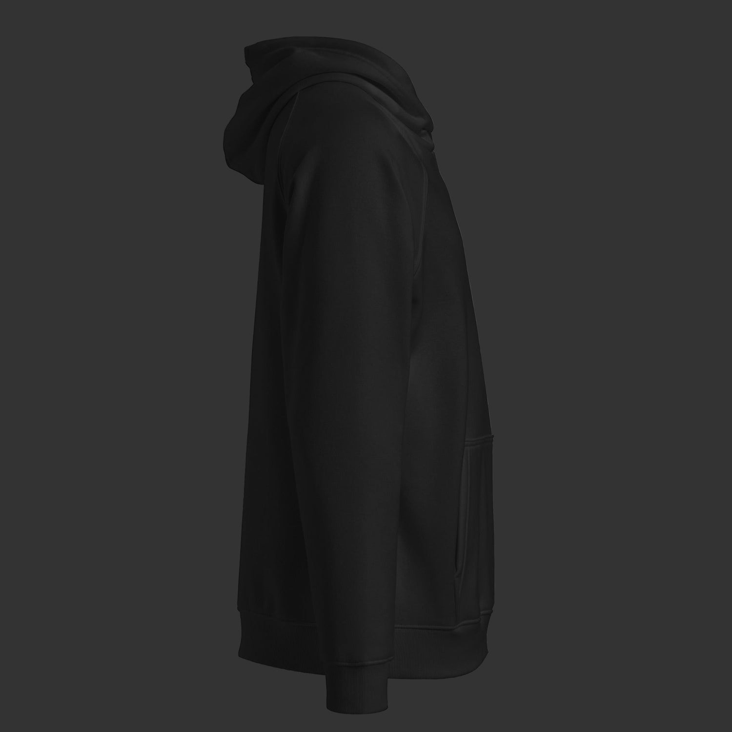 Right side of a black hoodie on a black background