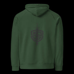 Back of a premium green hoodie on a black background