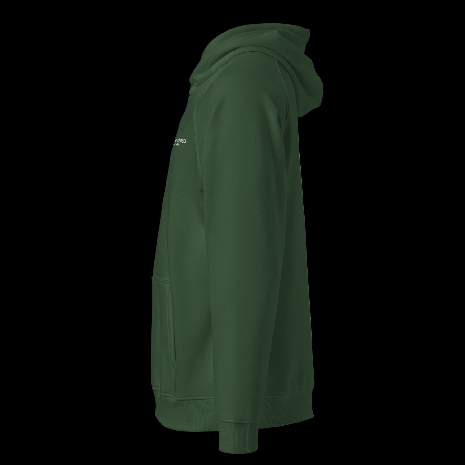 Left side of a premium green hoodie on a black background