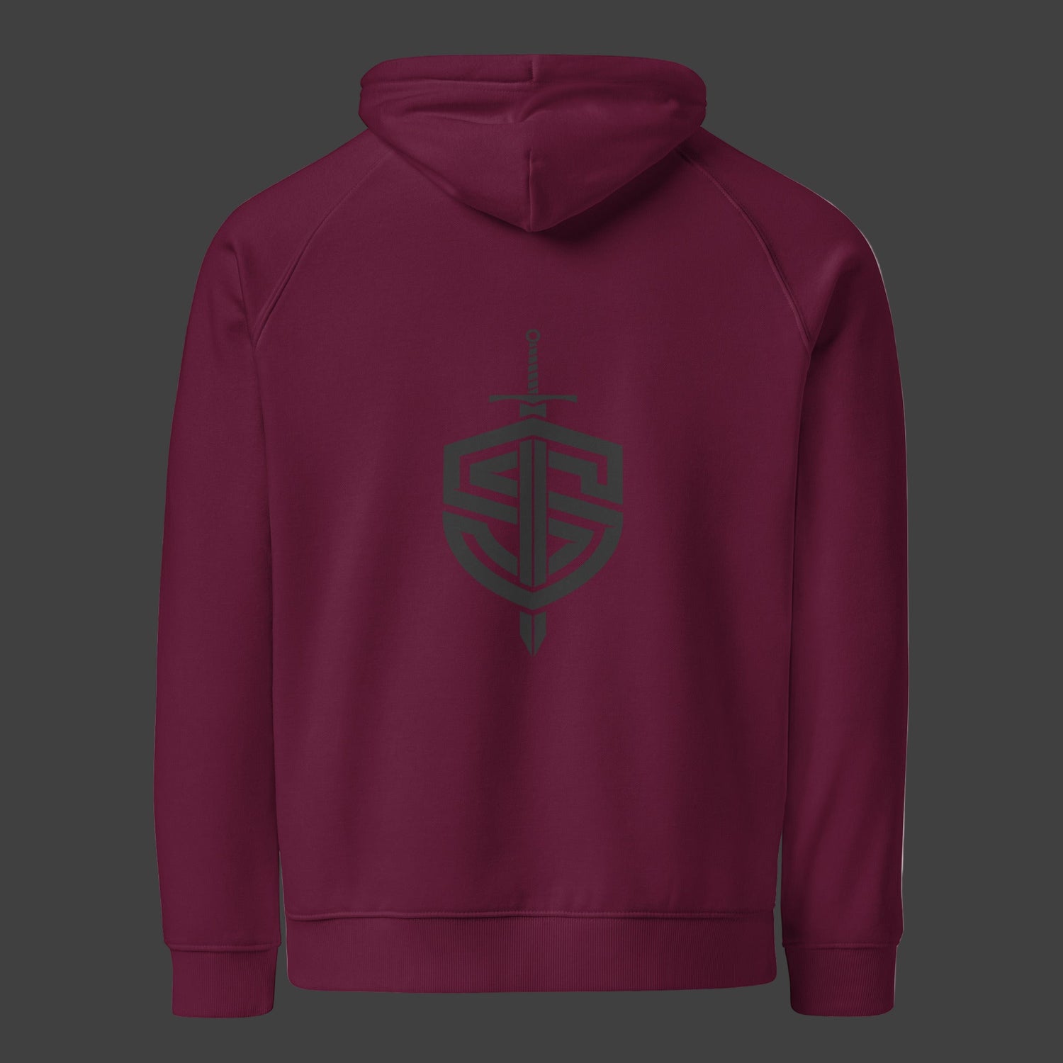 Back of a premium burgundy hoodie on a black background