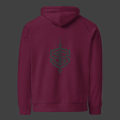 Back of a premium burgundy hoodie on a black background