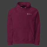 Front of a premium burgundy hoodie on a black background