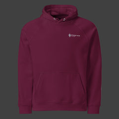 Front of a premium burgundy hoodie on a black background