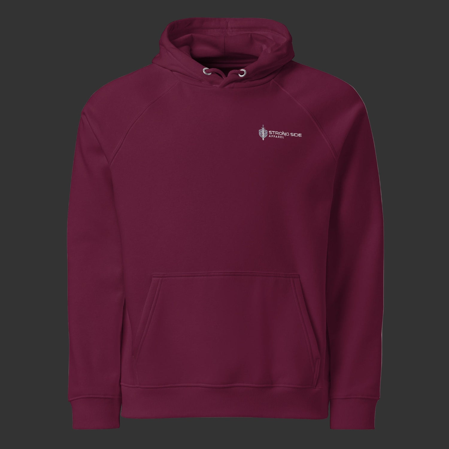 Front of a Burgundy hoodie on a black background