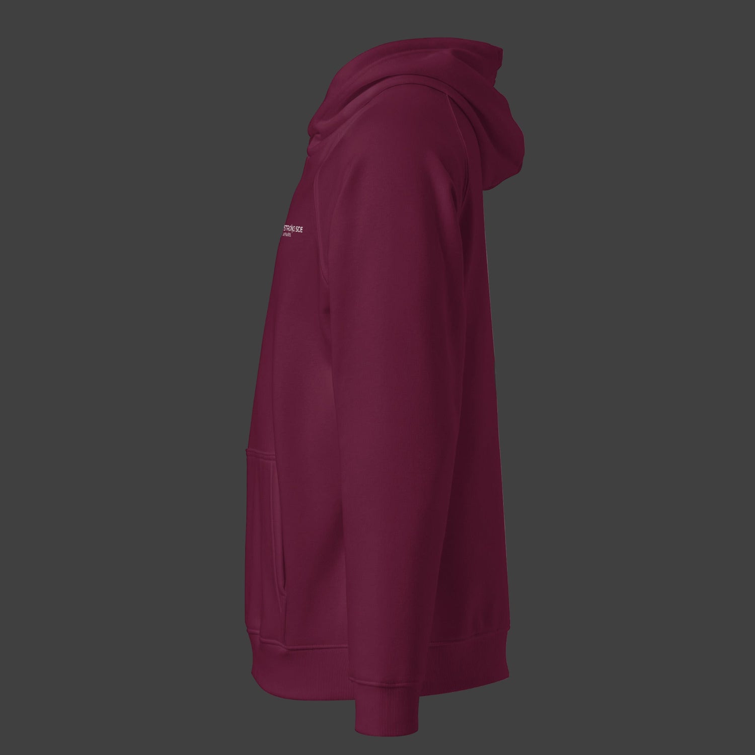 Left side of a premium burgundy hoodie on a black background
