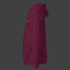 Left side of a premium burgundy hoodie on a black background