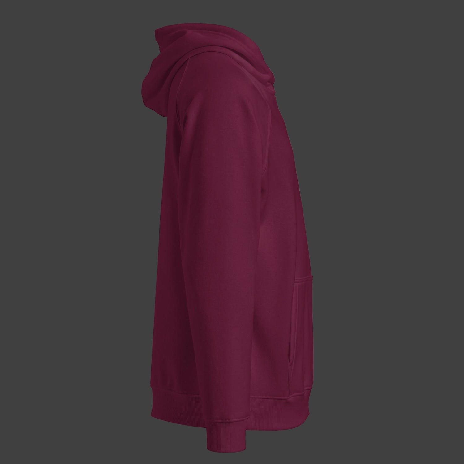 Right side of a premium burgundy hoodie on a black background