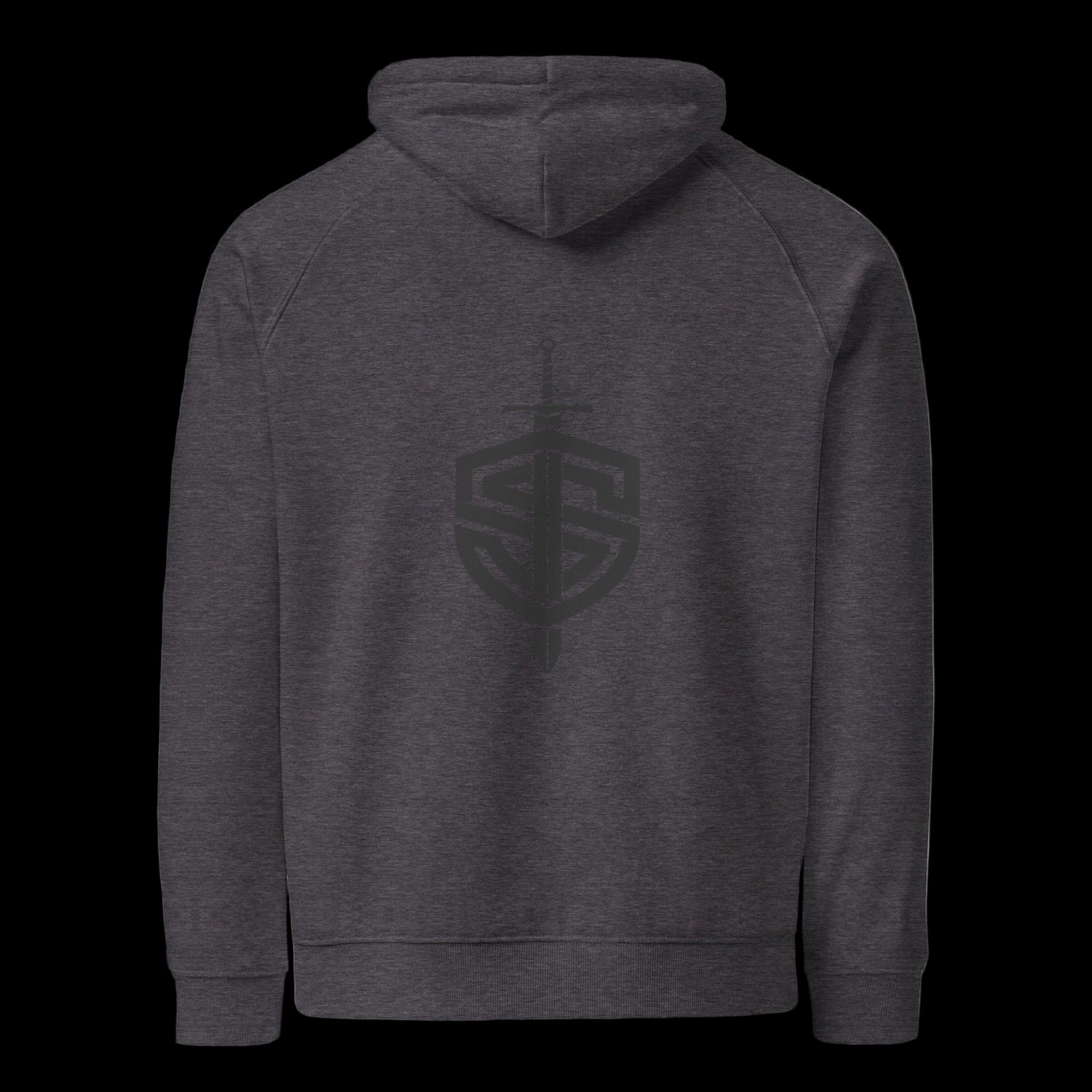 Back of a premium charcoal hoodie on a black background