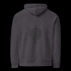 Back of a premium charcoal hoodie on a black background