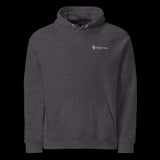 Front of a premium charcoal hoodie on a black background