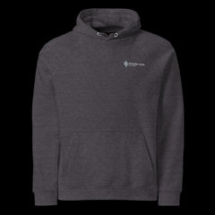 Front of a premium charcoal hoodie on a black background