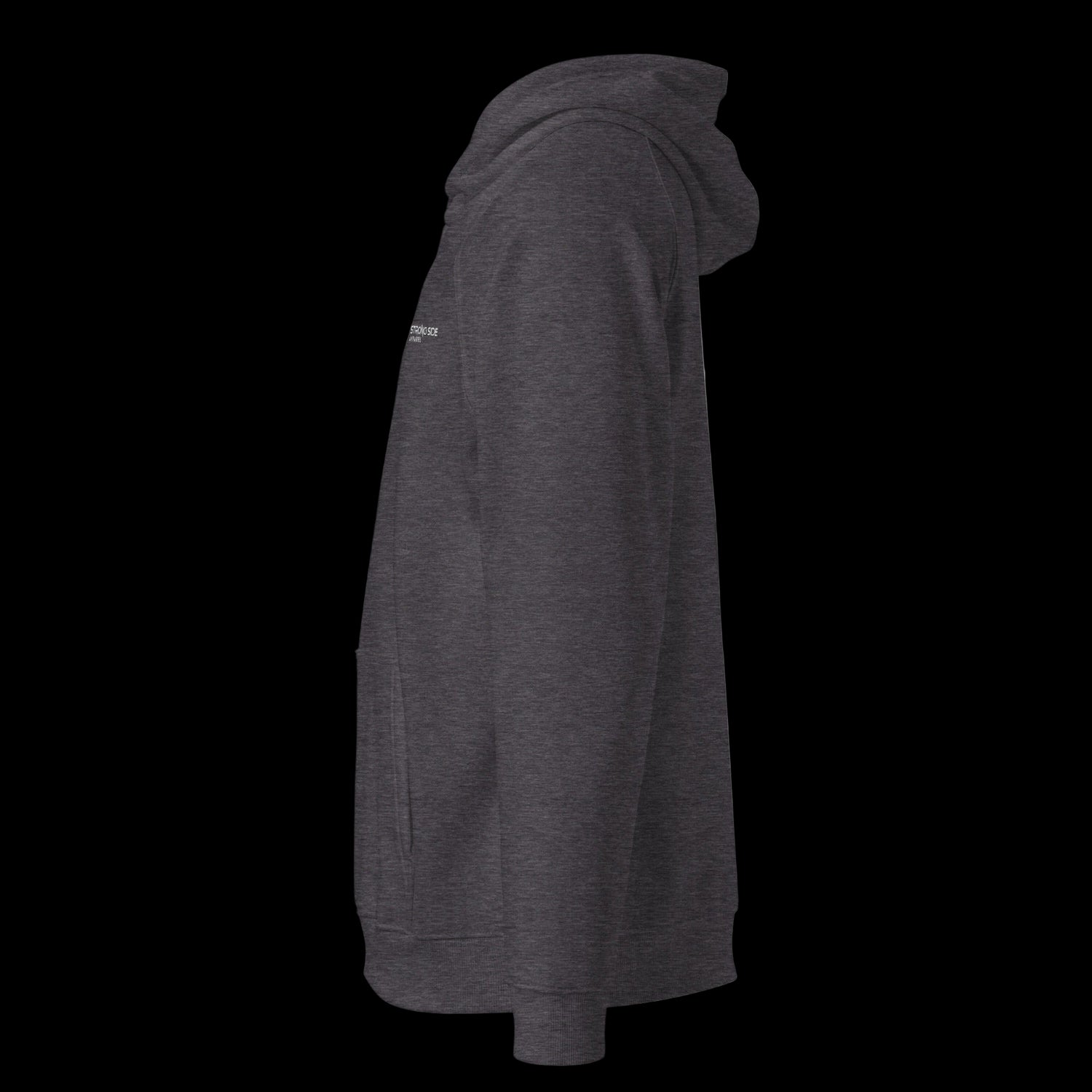 Left side of a premium charcoal hoodie on a black background