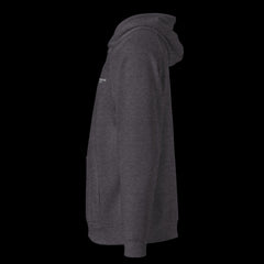 Left side of a premium charcoal hoodie on a black background
