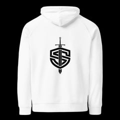 Back of a premium white hoodie on a black background
