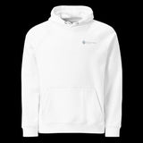 Front of a premium white hoodie on a black background