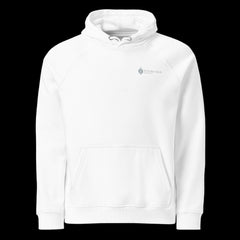 Front of a premium white hoodie on a black background