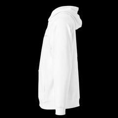 Left side of a premium white hoodie on a black background