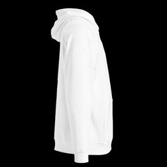 Right side of a premium white hoodie on a black background